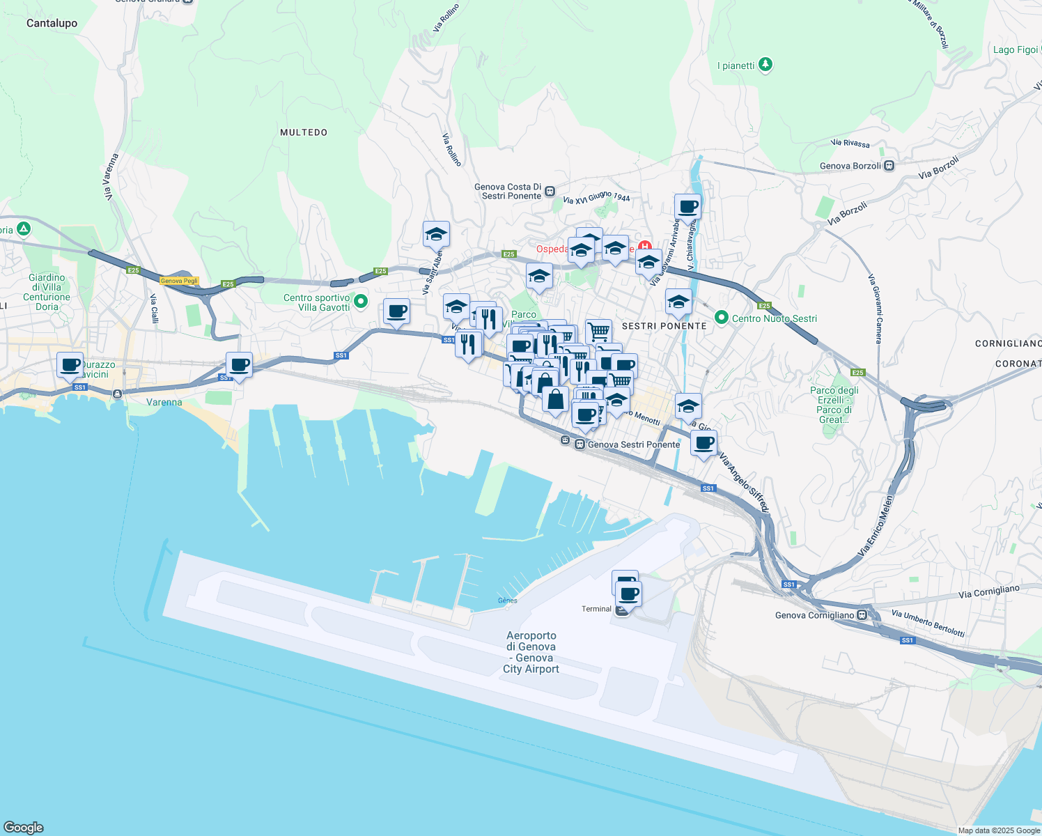 map of restaurants, bars, coffee shops, grocery stores, and more near Via Filippo Emanuele Bottino in Genova