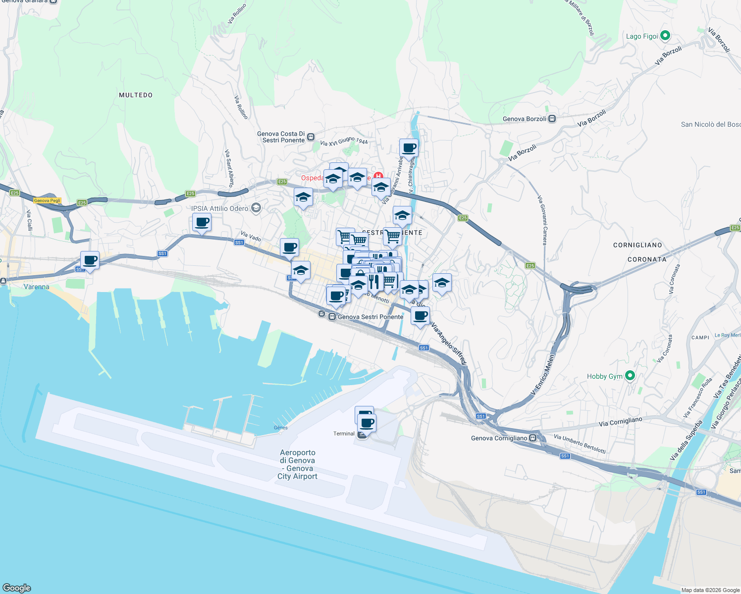 map of restaurants, bars, coffee shops, grocery stores, and more near 51 Via Sestri in Genova