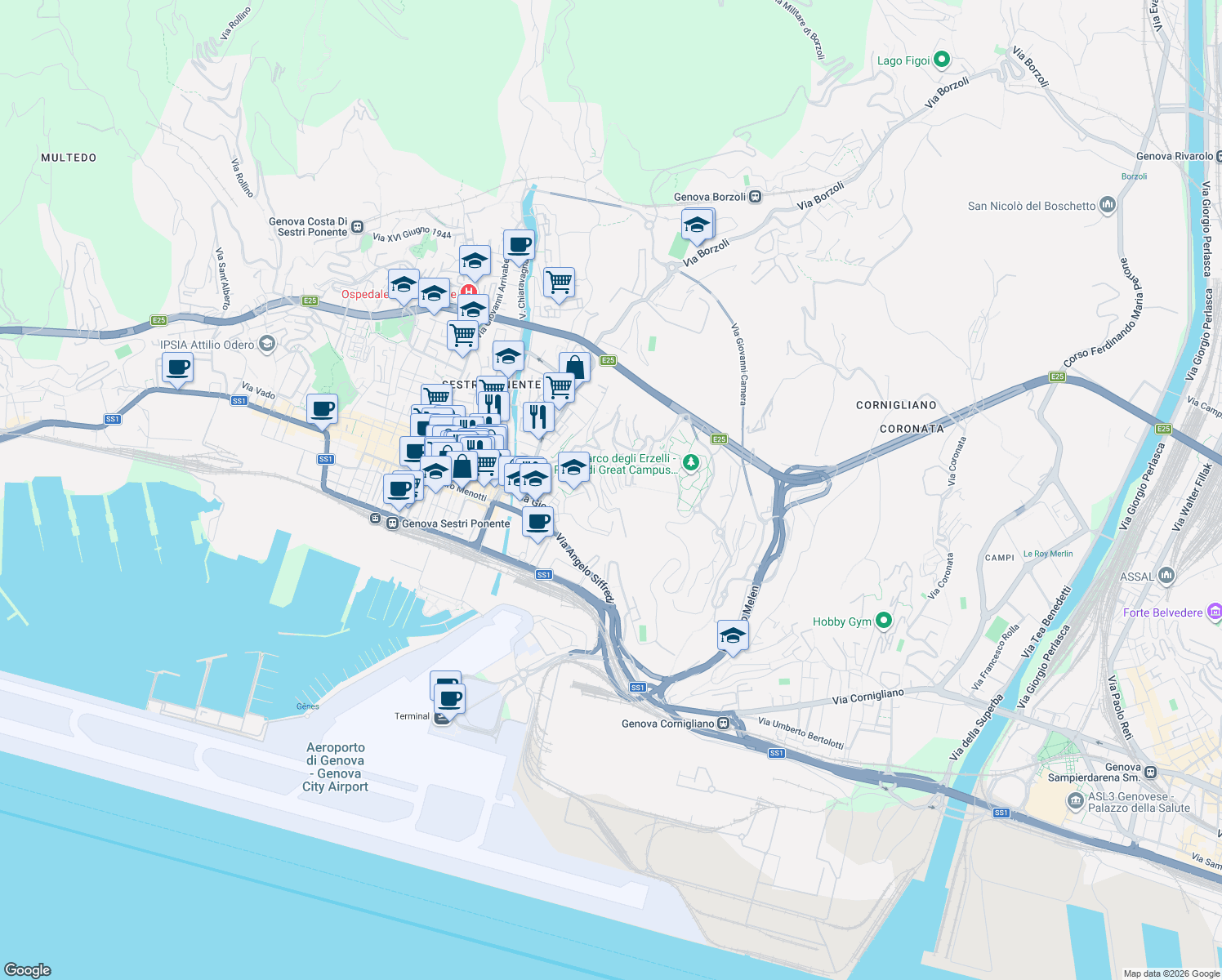 map of restaurants, bars, coffee shops, grocery stores, and more near 70 Via Lodovico Calda in Genoa