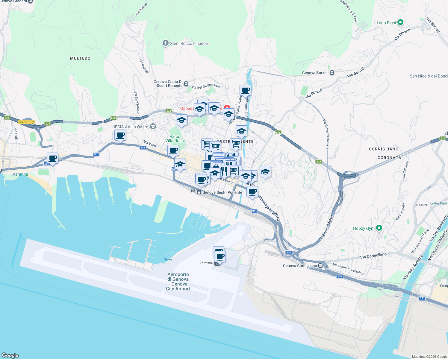 map of restaurants, bars, coffee shops, grocery stores, and more near 51 Via Sestri in Genova