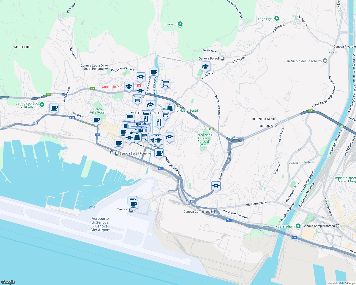 map of restaurants, bars, coffee shops, grocery stores, and more near 70 Via Lodovico Calda in Genoa