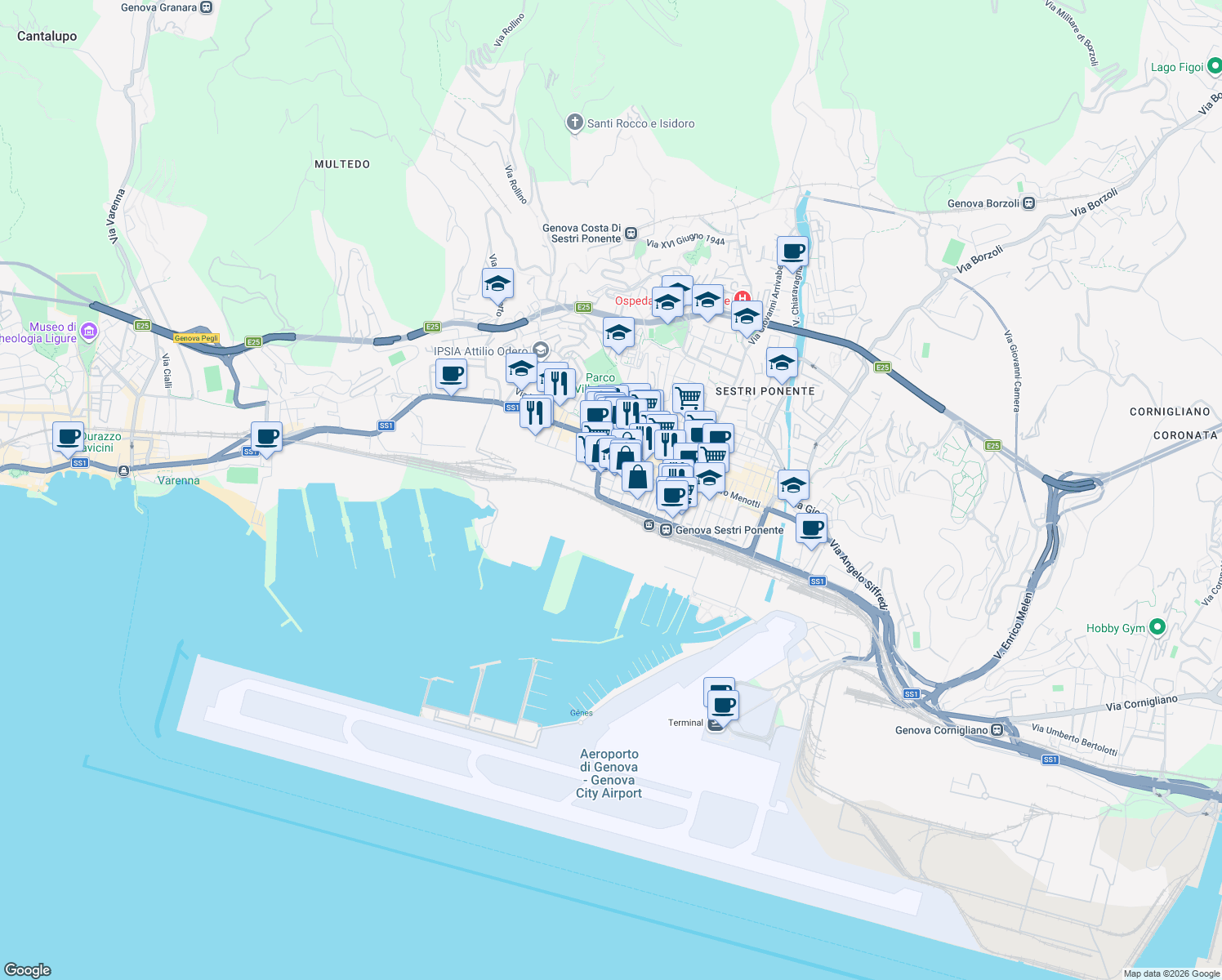 map of restaurants, bars, coffee shops, grocery stores, and more near Via Filippo Emanuele Bottino in Genova