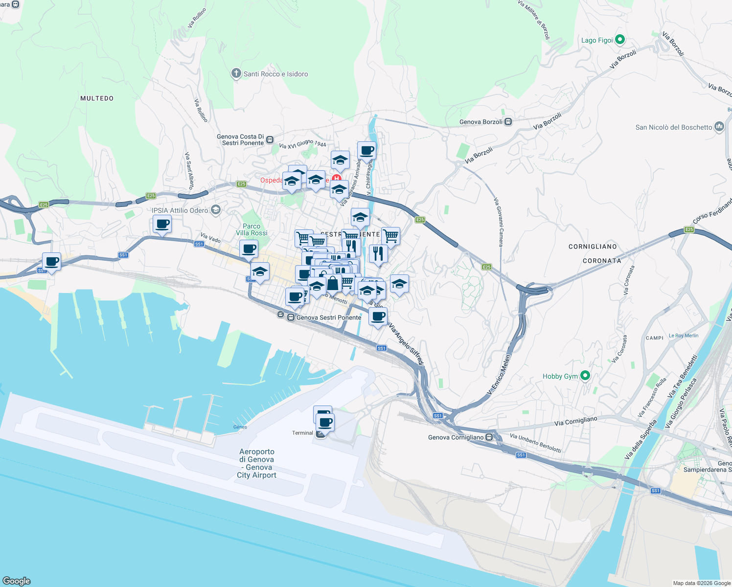 map of restaurants, bars, coffee shops, grocery stores, and more near 23 Via Chiaravagna in Genoa