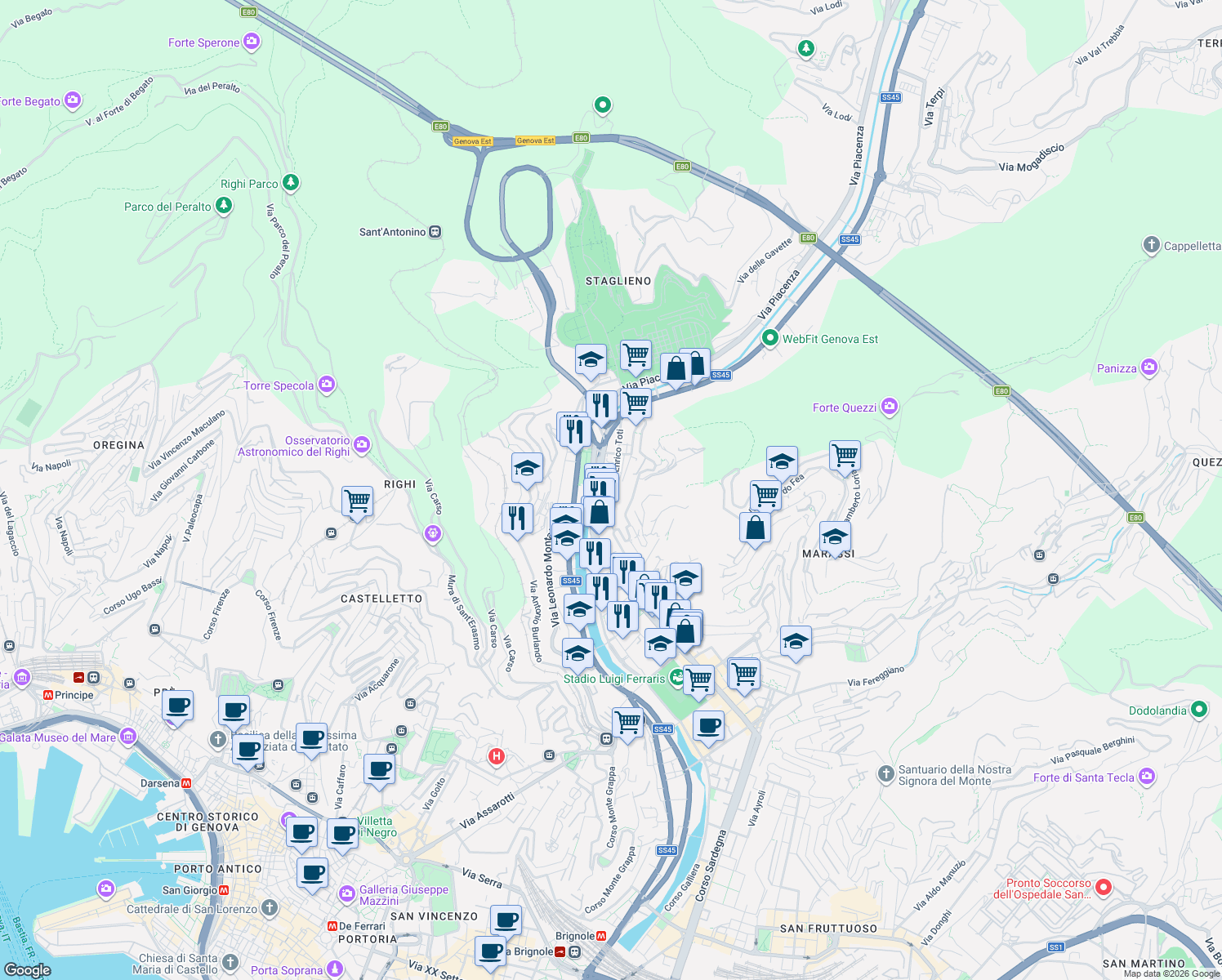 map of restaurants, bars, coffee shops, grocery stores, and more near 3 Via Tortona in Genova