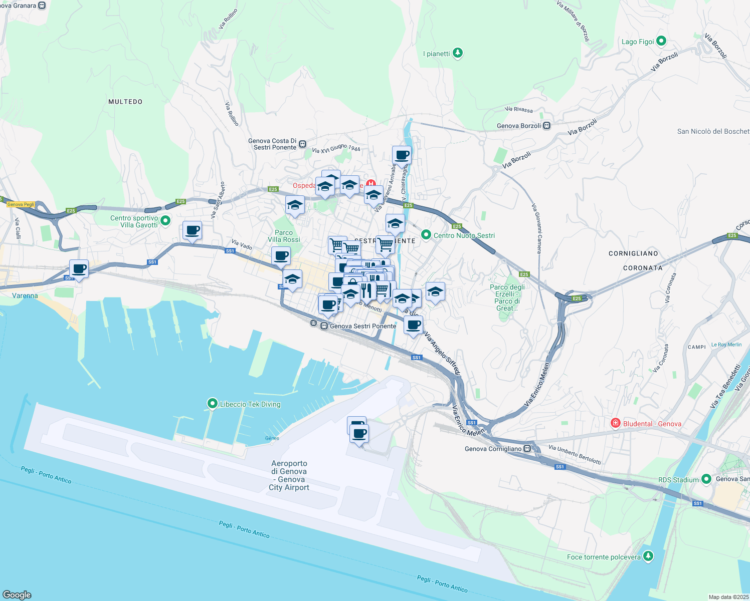 map of restaurants, bars, coffee shops, grocery stores, and more near 51 Via Sestri in Genova