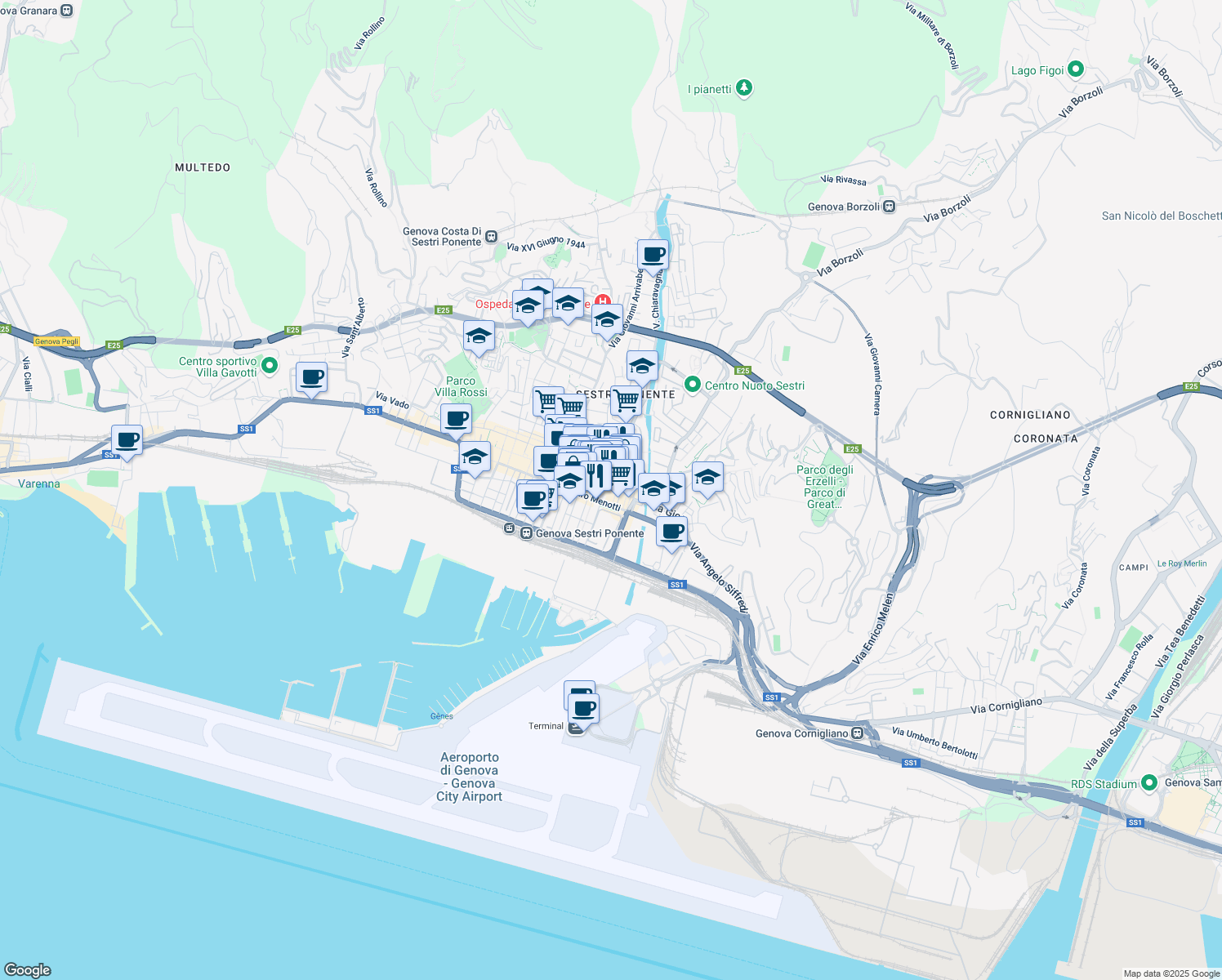map of restaurants, bars, coffee shops, grocery stores, and more near 51 Via Sestri in Genova