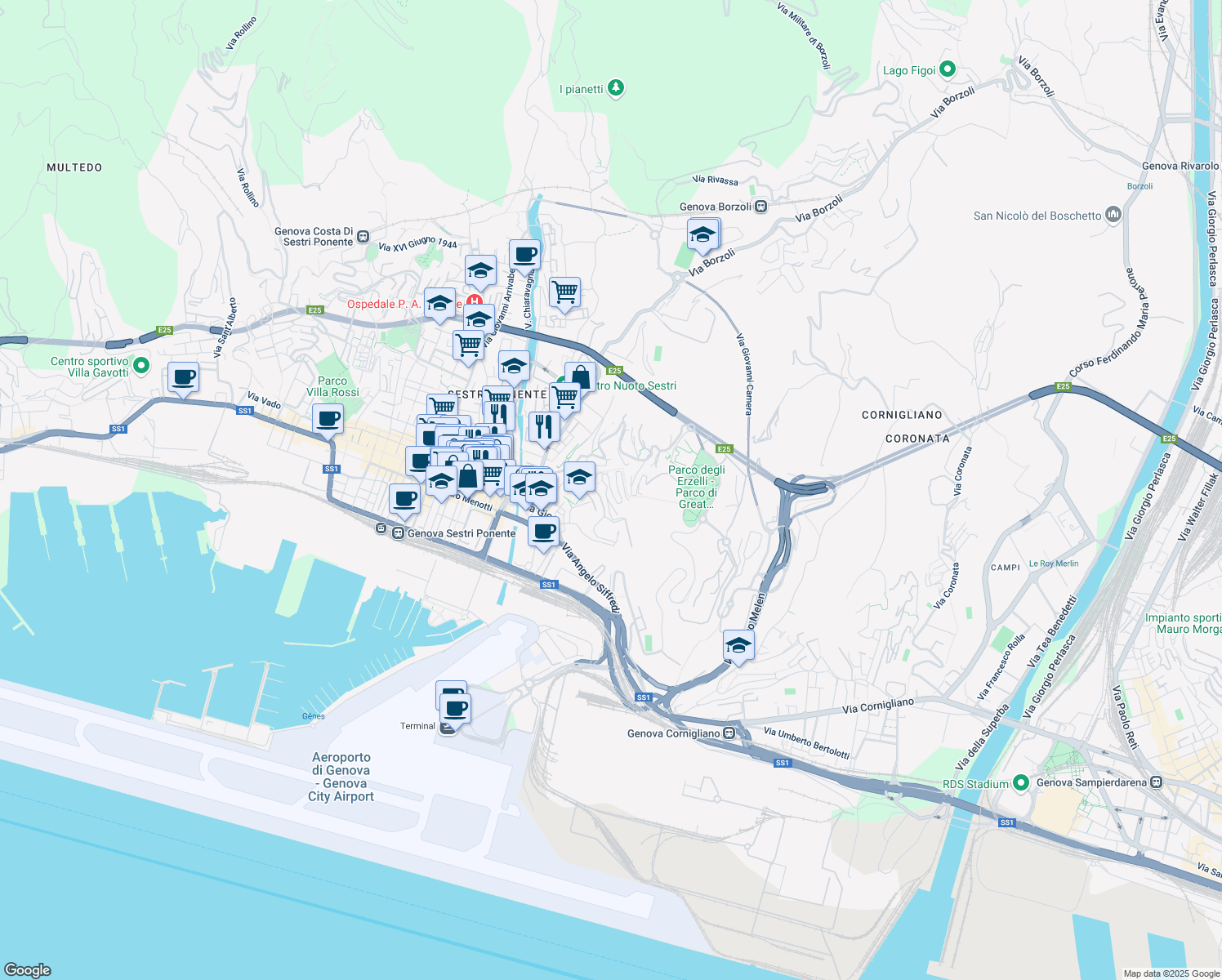 map of restaurants, bars, coffee shops, grocery stores, and more near 70 Via Lodovico Calda in Genova