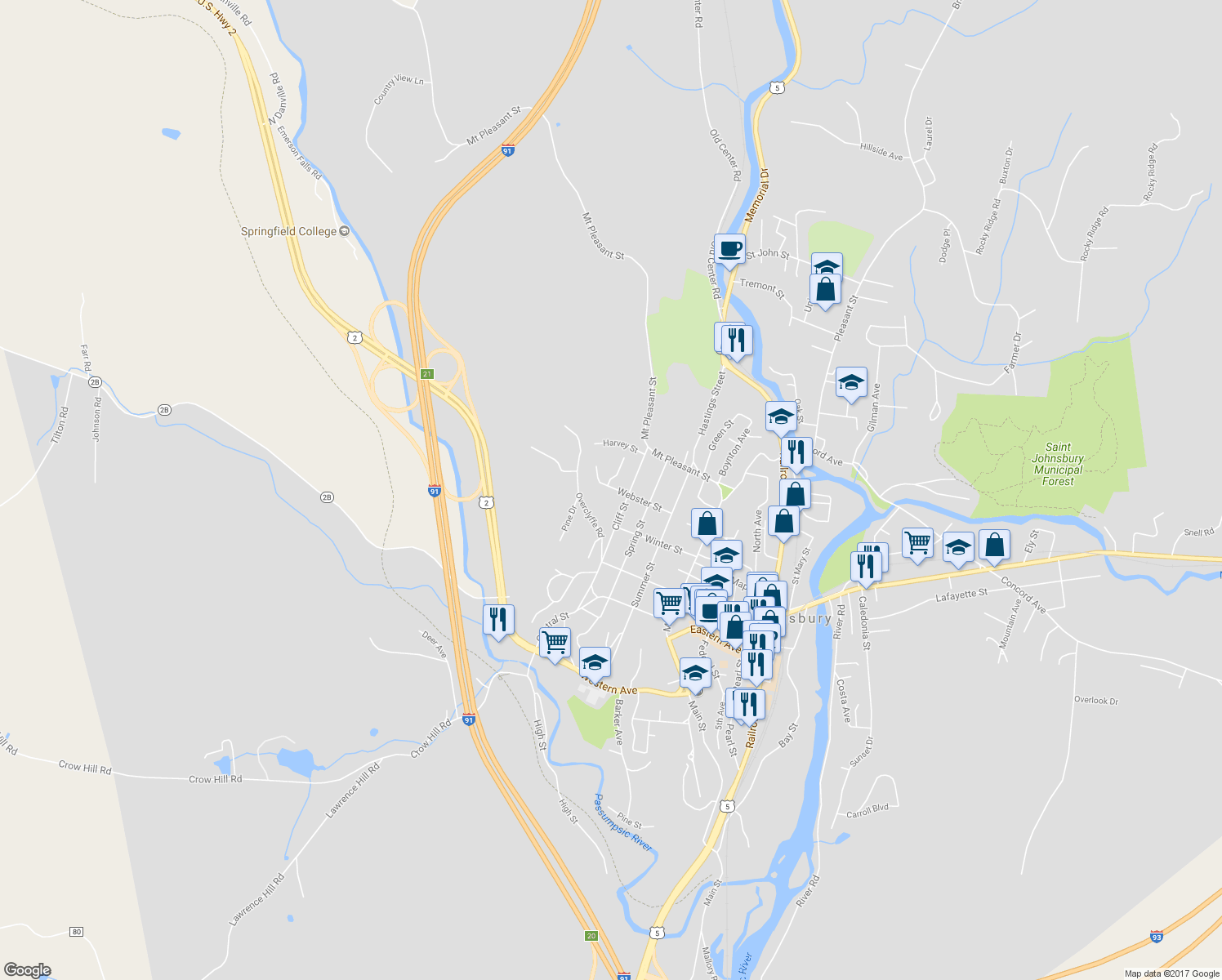 map of restaurants, bars, coffee shops, grocery stores, and more near 169 Webster Street in Saint Johnsbury