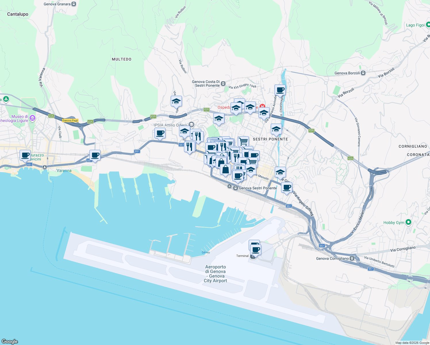 map of restaurants, bars, coffee shops, grocery stores, and more near Via Filippo Emanuele Bottino in Genova