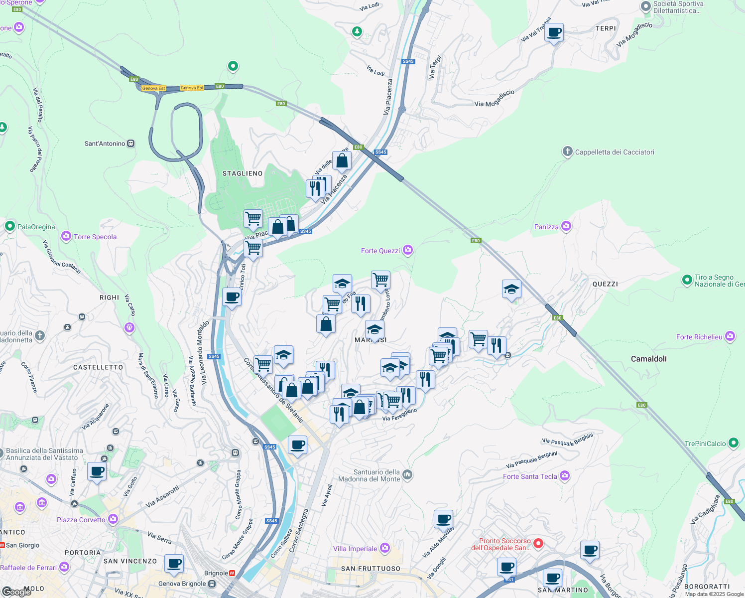 map of restaurants, bars, coffee shops, grocery stores, and more near 47 Via Leonardo Fea in Genova