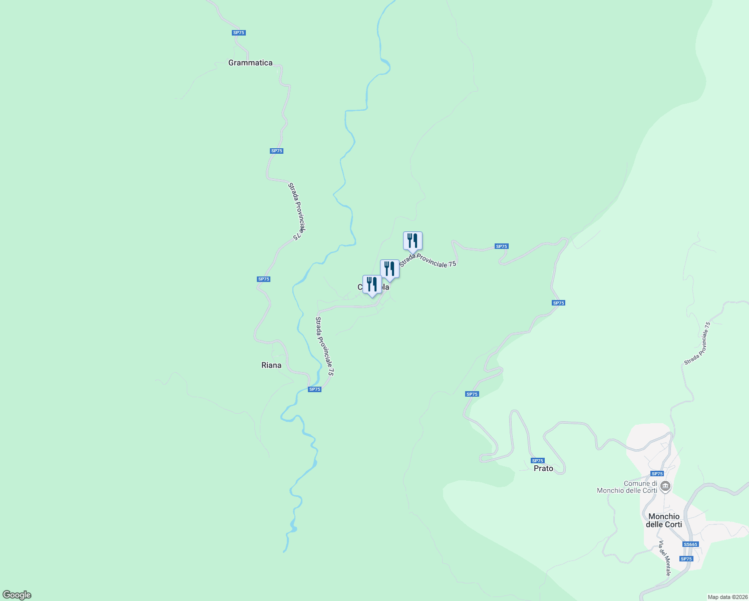map of restaurants, bars, coffee shops, grocery stores, and more near 6 Via della Chiesa in Casarola