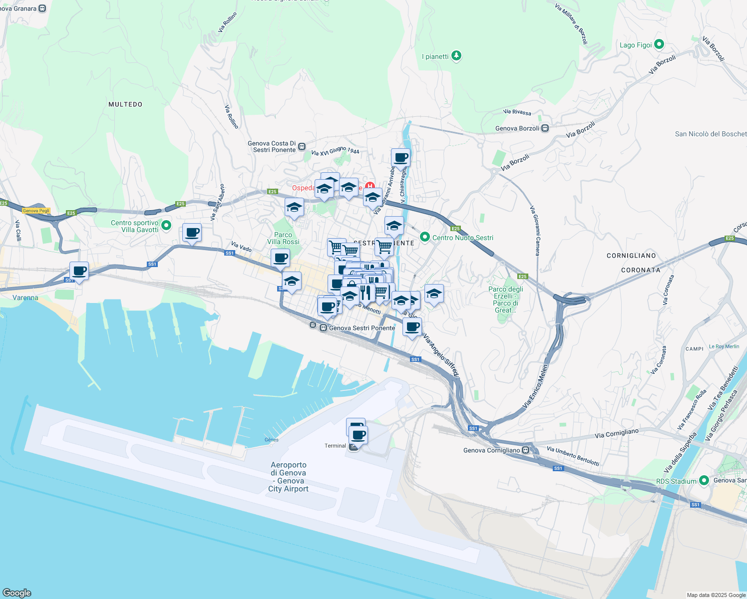 map of restaurants, bars, coffee shops, grocery stores, and more near 51 Via Sestri in Genova