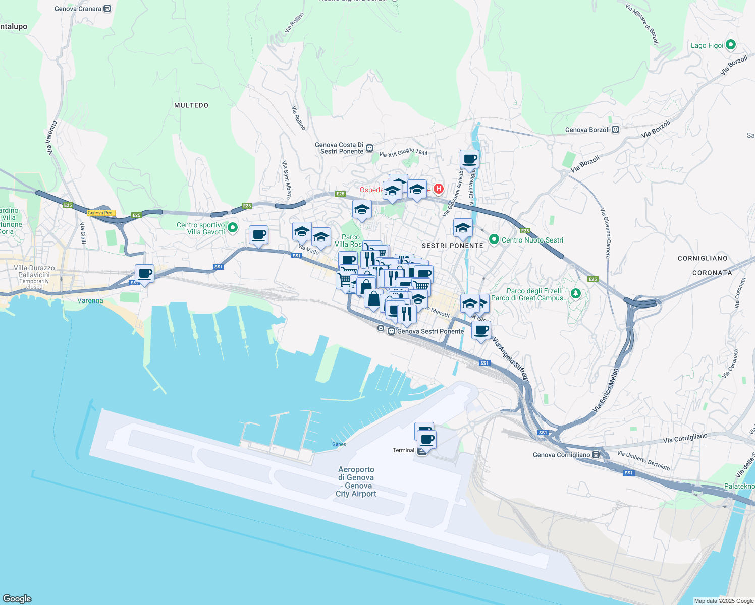 map of restaurants, bars, coffee shops, grocery stores, and more near 6 Piazza Monte Santo in Genova