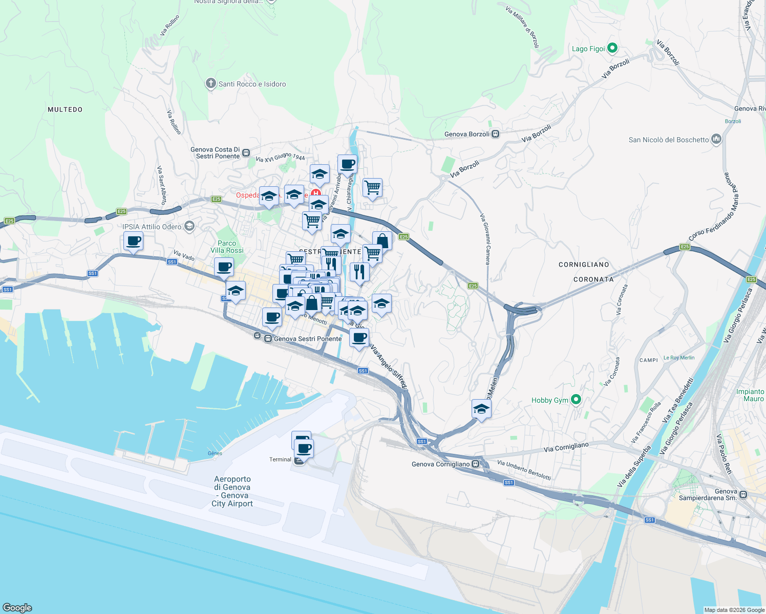 map of restaurants, bars, coffee shops, grocery stores, and more near Via Lodovico Calda in Genoa