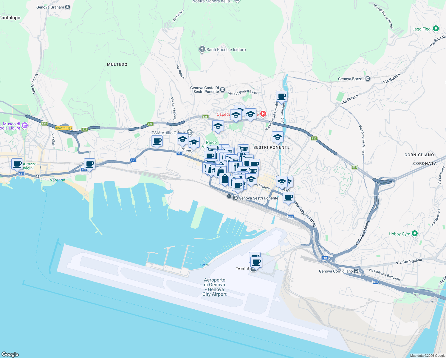 map of restaurants, bars, coffee shops, grocery stores, and more near 11 Via Gino Capponi in Genova