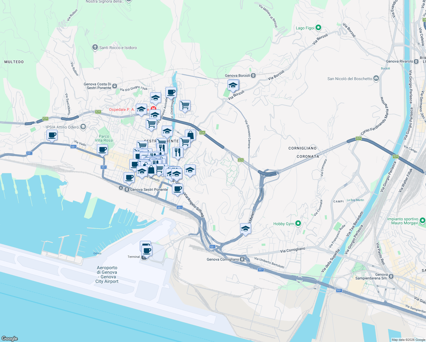map of restaurants, bars, coffee shops, grocery stores, and more near 68 Salita Campasso di San Nicola in Genova