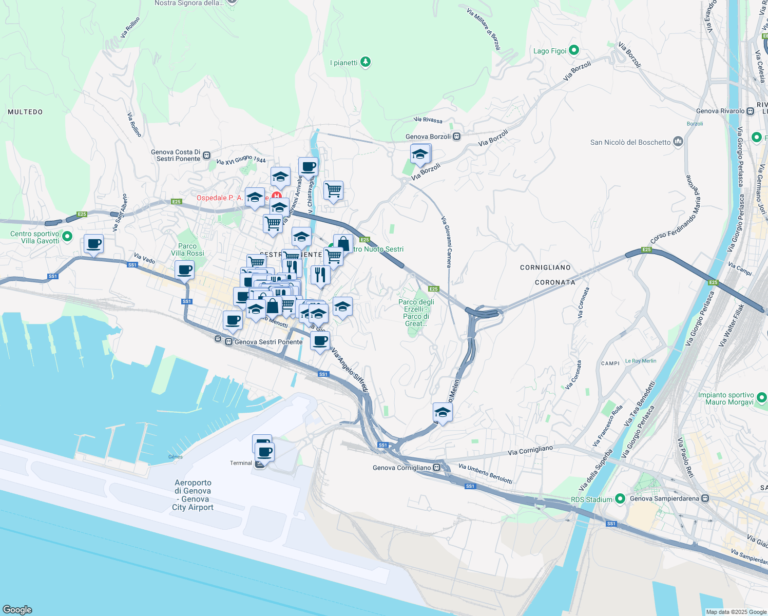 map of restaurants, bars, coffee shops, grocery stores, and more near 68 Salita Campasso di San Nicola in Genova