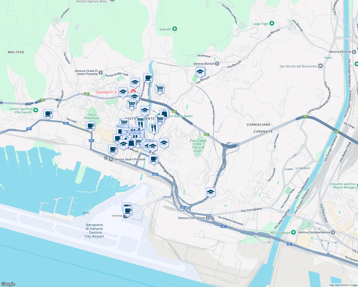 map of restaurants, bars, coffee shops, grocery stores, and more near 68 Salita Campasso di San Nicola in Genoa