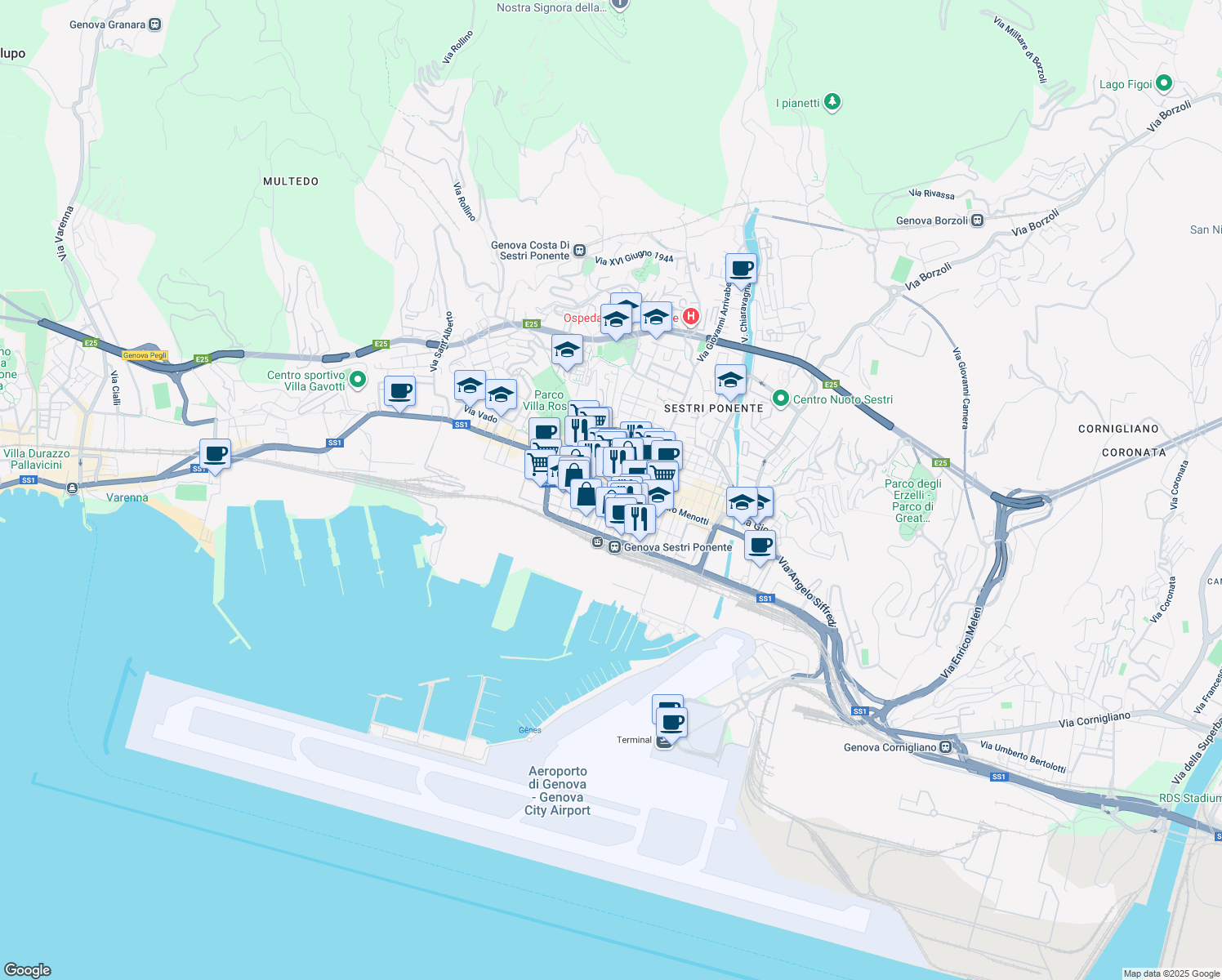 map of restaurants, bars, coffee shops, grocery stores, and more near 6 Piazza Monte Santo in Genova