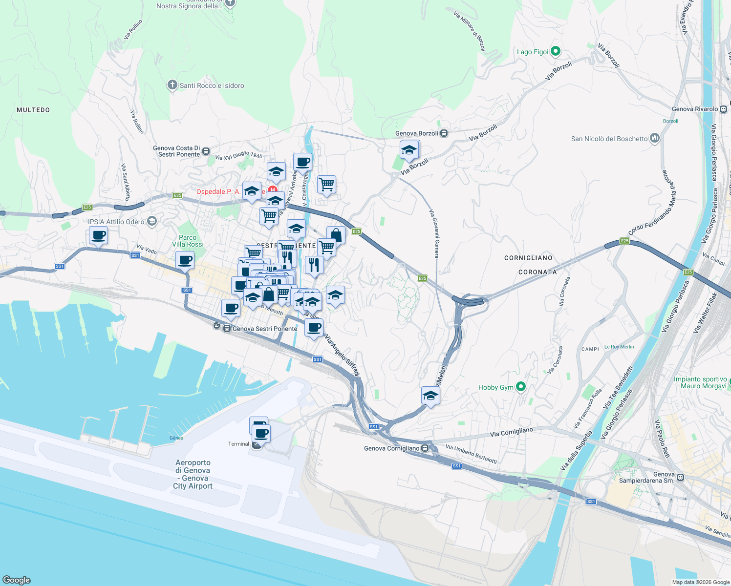 map of restaurants, bars, coffee shops, grocery stores, and more near 68 Salita Campasso di San Nicola in Genoa