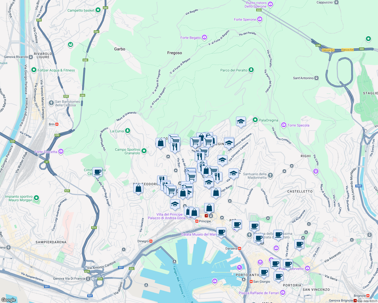 map of restaurants, bars, coffee shops, grocery stores, and more near 48 Via del Lagaccio in Genova