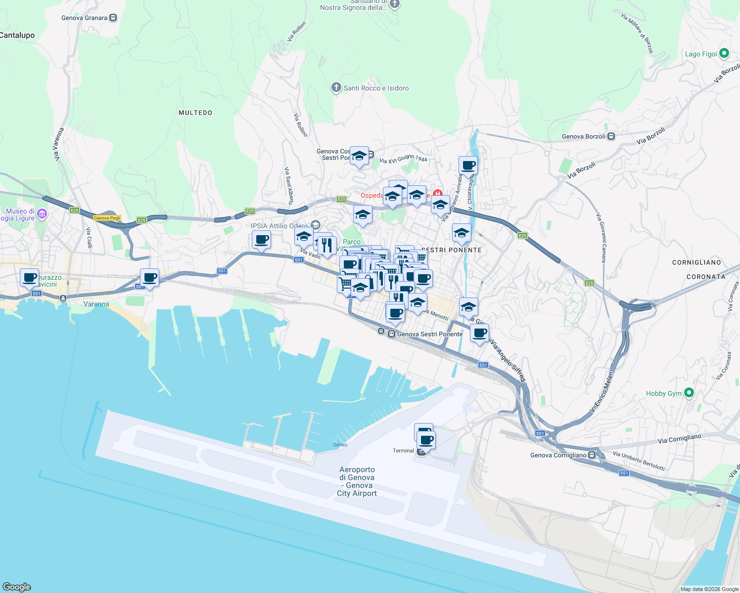 map of restaurants, bars, coffee shops, grocery stores, and more near 62 Via Sestri in Genoa