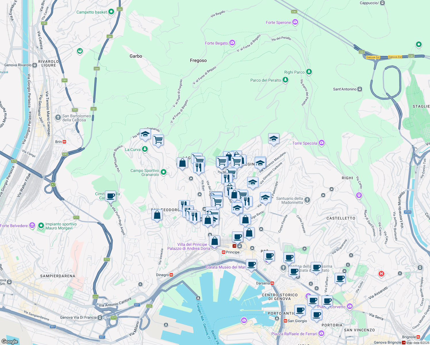map of restaurants, bars, coffee shops, grocery stores, and more near 48 Via del Lagaccio in Genoa