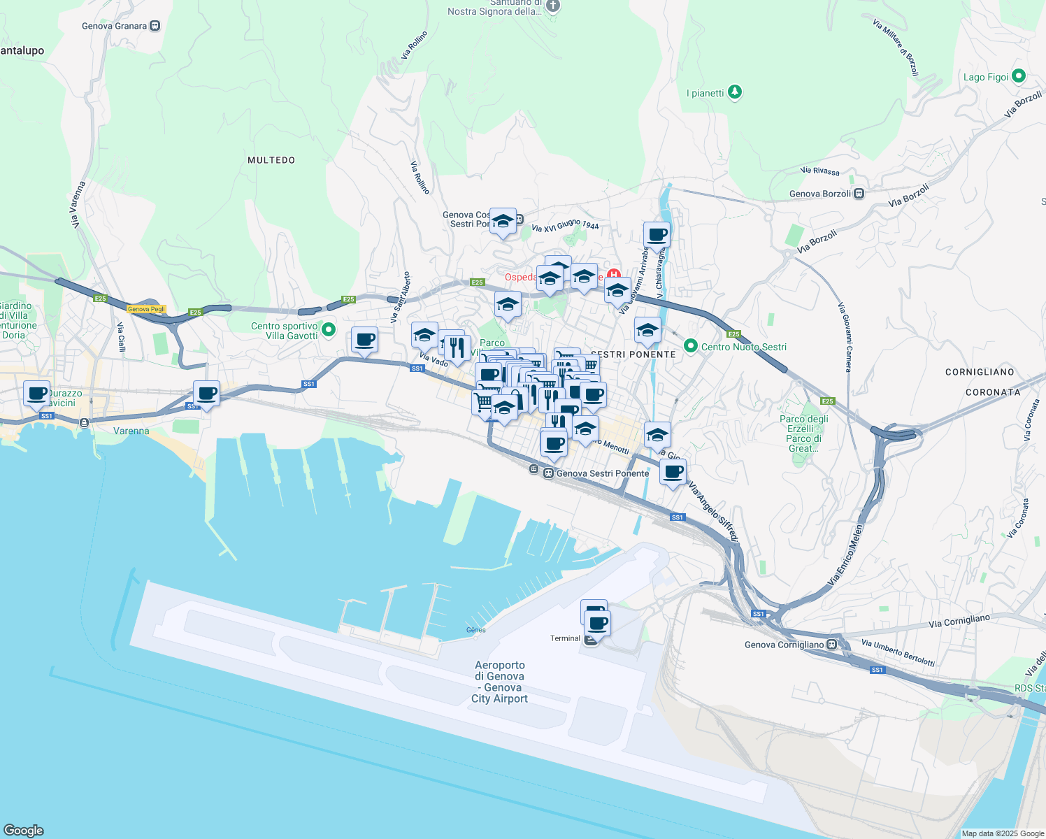 map of restaurants, bars, coffee shops, grocery stores, and more near 62 Via Sestri in Genoa