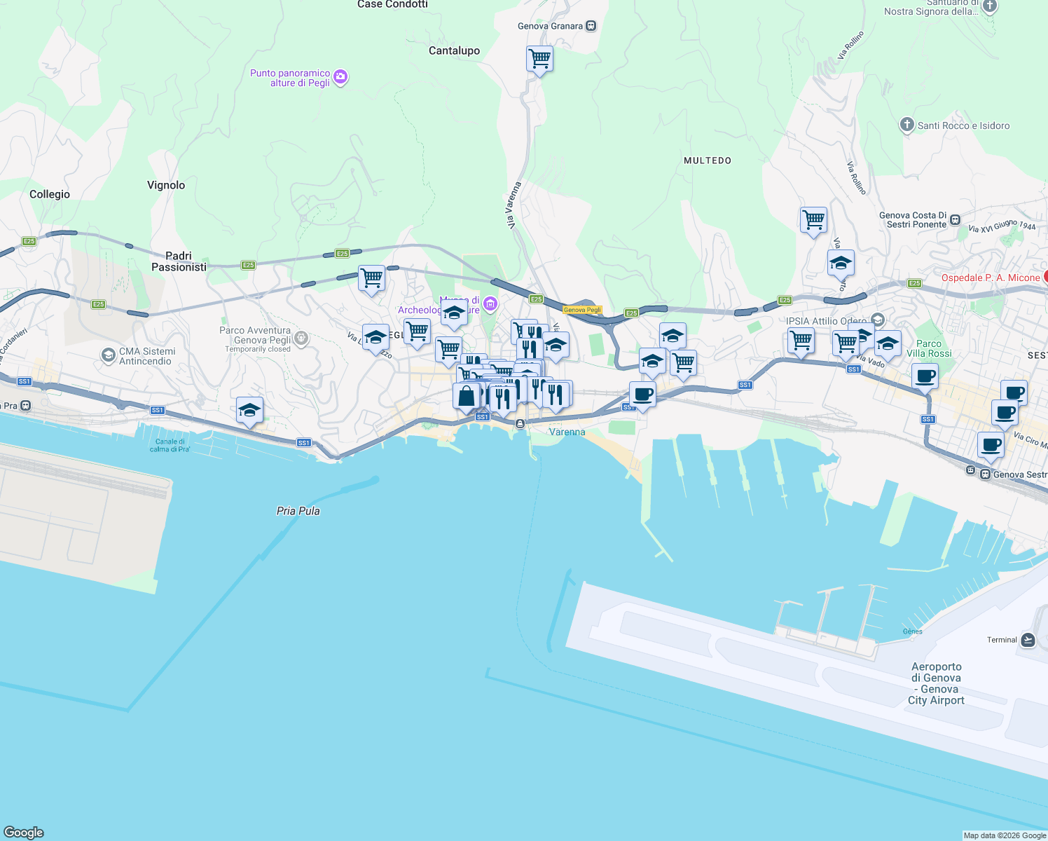 map of restaurants, bars, coffee shops, grocery stores, and more near 5 Lungomare di Pegli in Genova