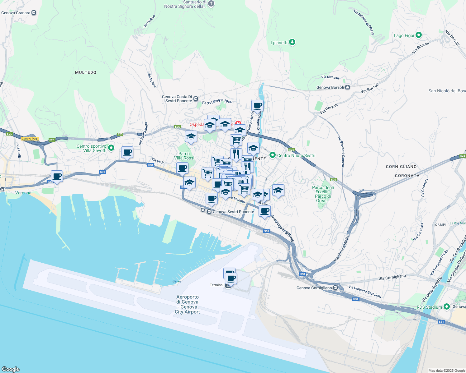 map of restaurants, bars, coffee shops, grocery stores, and more near Via Girolamo da Santo Stefano in Genoa