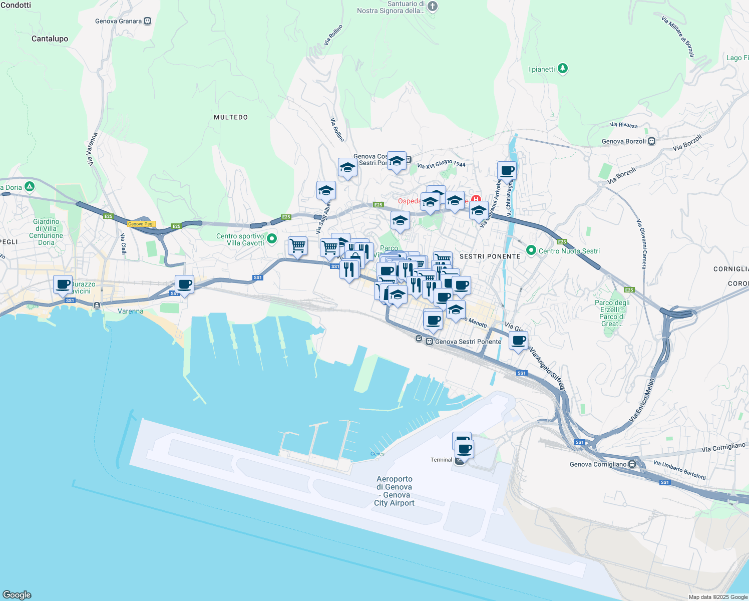 map of restaurants, bars, coffee shops, grocery stores, and more near Via Filippo Emanuele Bottino in Genova