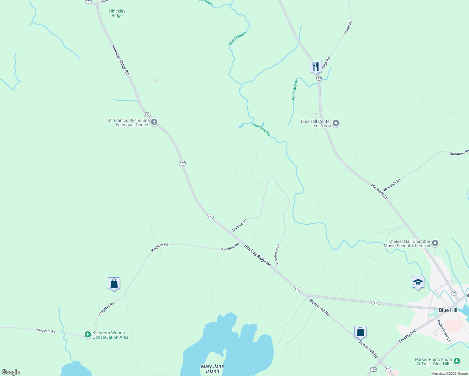 map of restaurants, bars, coffee shops, grocery stores, and more near Mattson Ln in Blue Hill