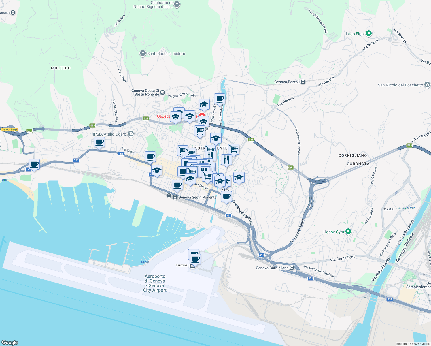 map of restaurants, bars, coffee shops, grocery stores, and more near 23 Via Chiaravagna in Genova