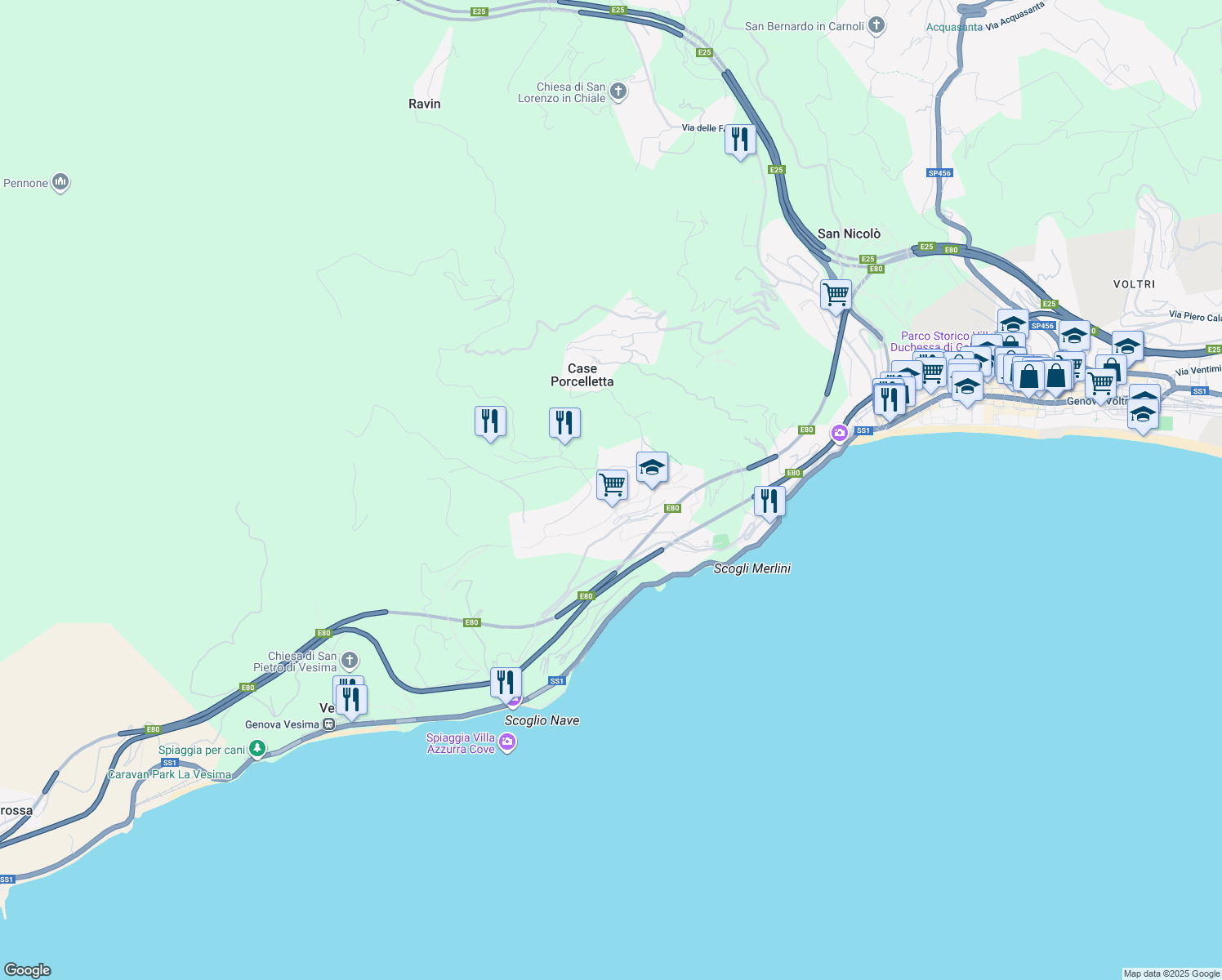 map of restaurants, bars, coffee shops, grocery stores, and more near 52A Via Campenave in Genova