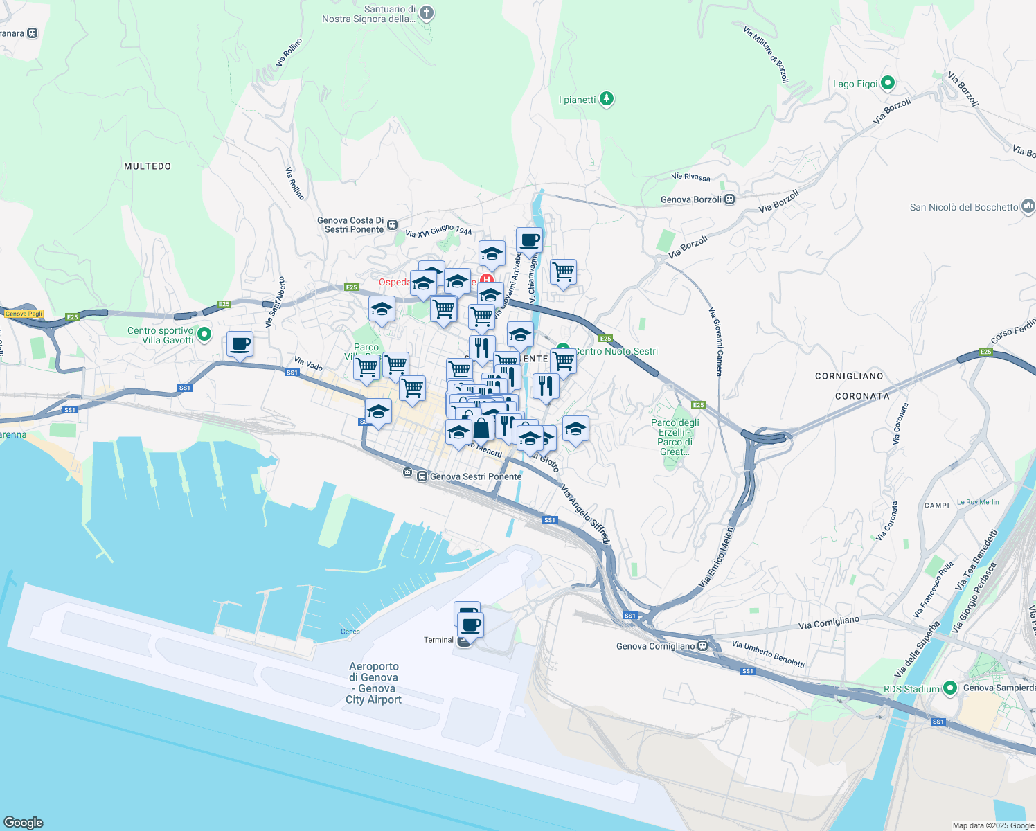 map of restaurants, bars, coffee shops, grocery stores, and more near 35 Via Chiaravagna in Genoa