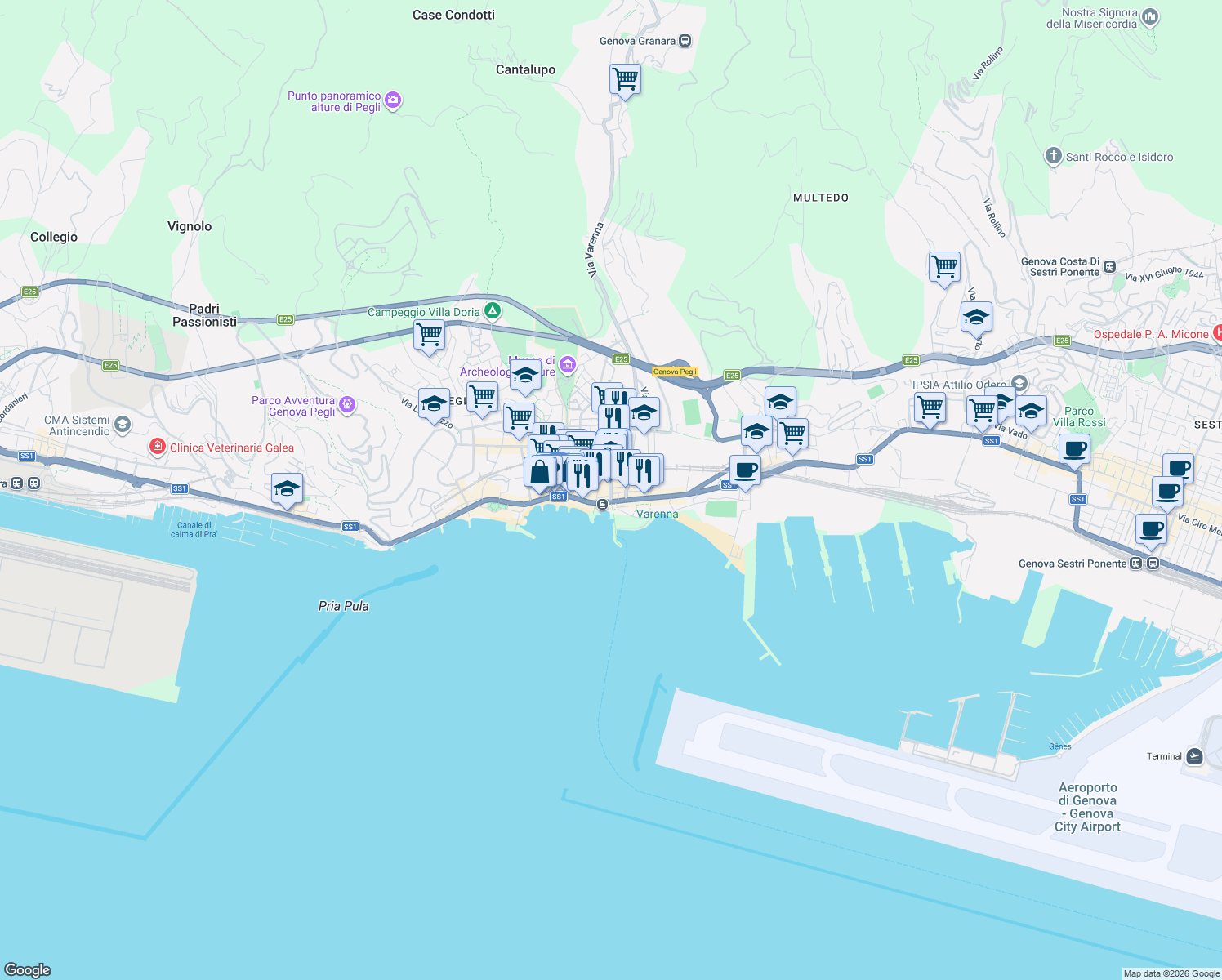 map of restaurants, bars, coffee shops, grocery stores, and more near 5 Lungomare di Pegli in Genoa