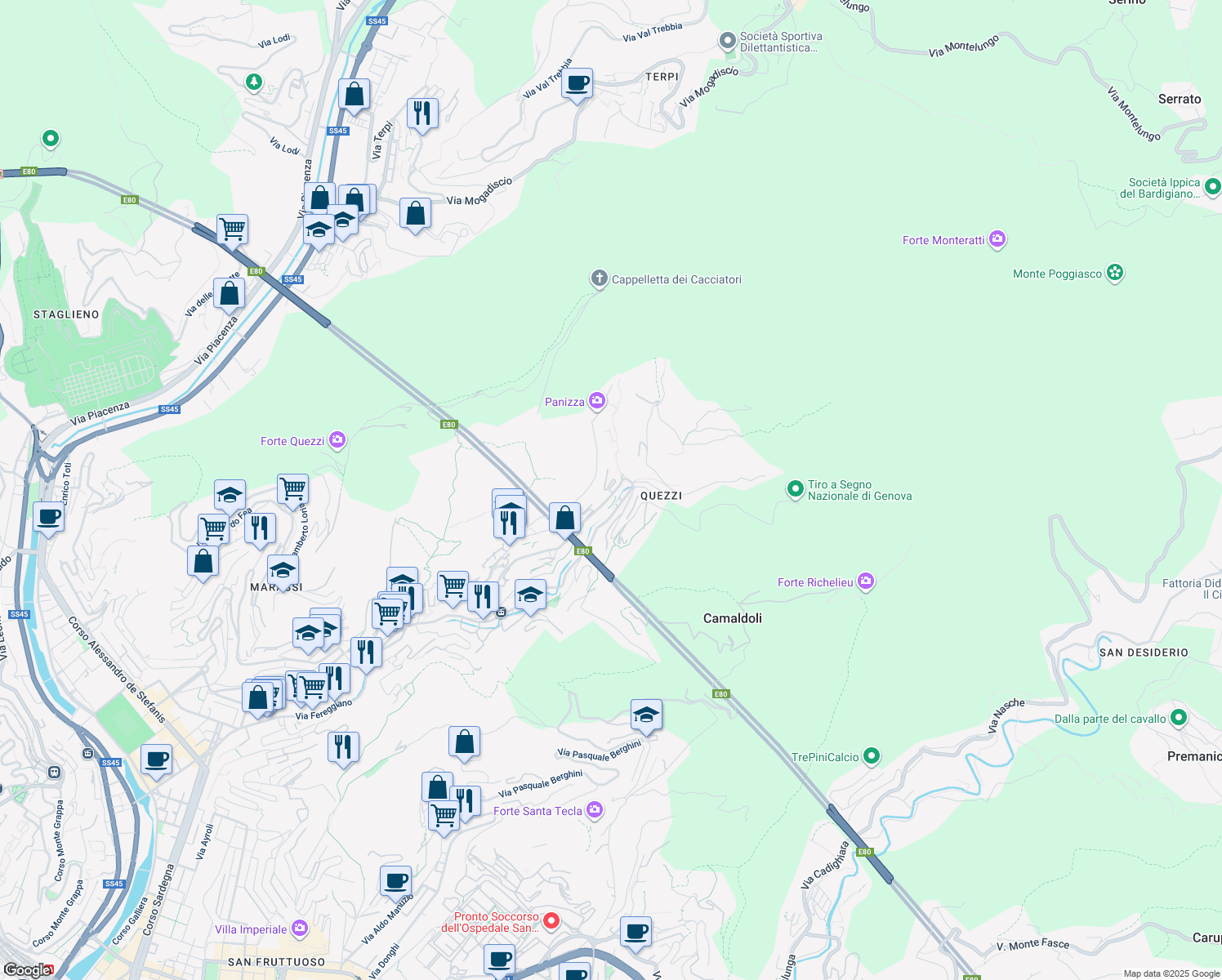 map of restaurants, bars, coffee shops, grocery stores, and more near 15 Via Susanna Fontanarossa in Genova