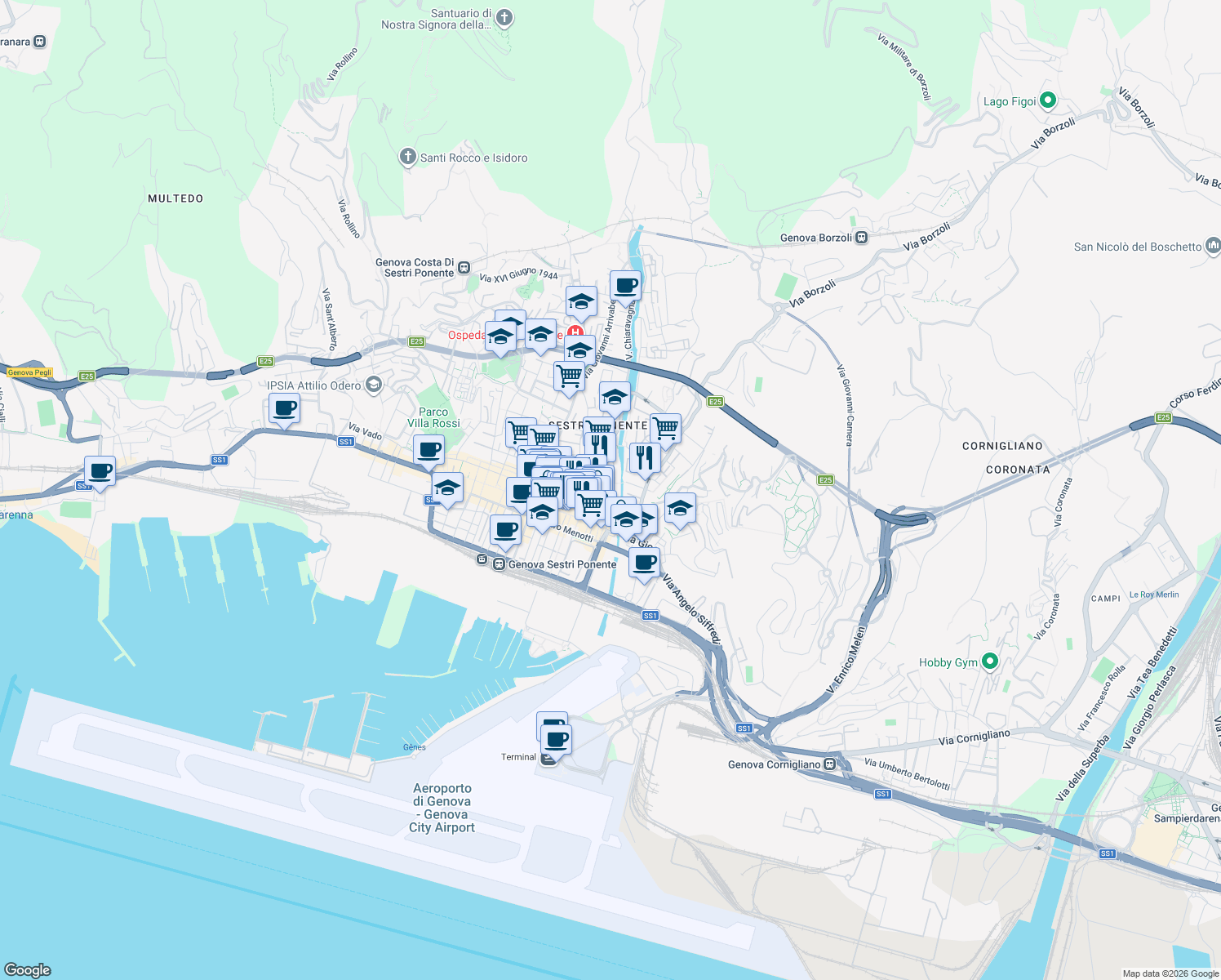 map of restaurants, bars, coffee shops, grocery stores, and more near 35 Via Chiaravagna in Genoa