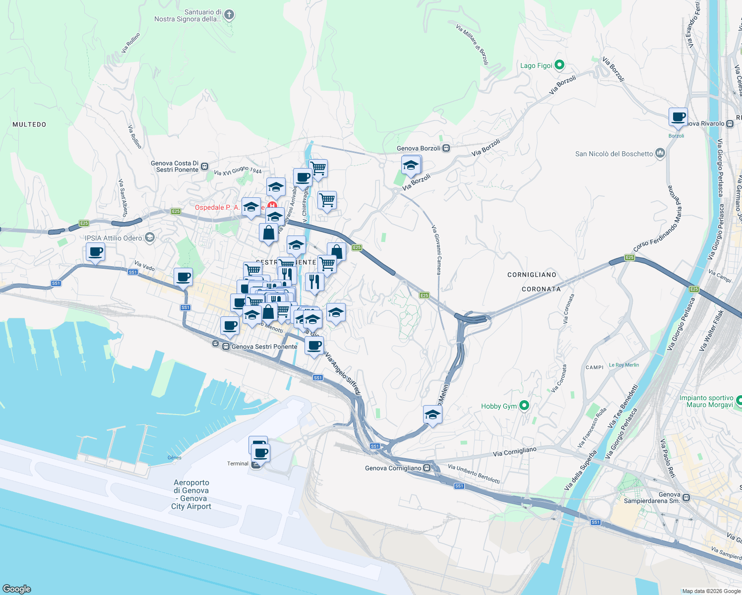 map of restaurants, bars, coffee shops, grocery stores, and more near 138 Via Antonio Sant'Elia in Genova