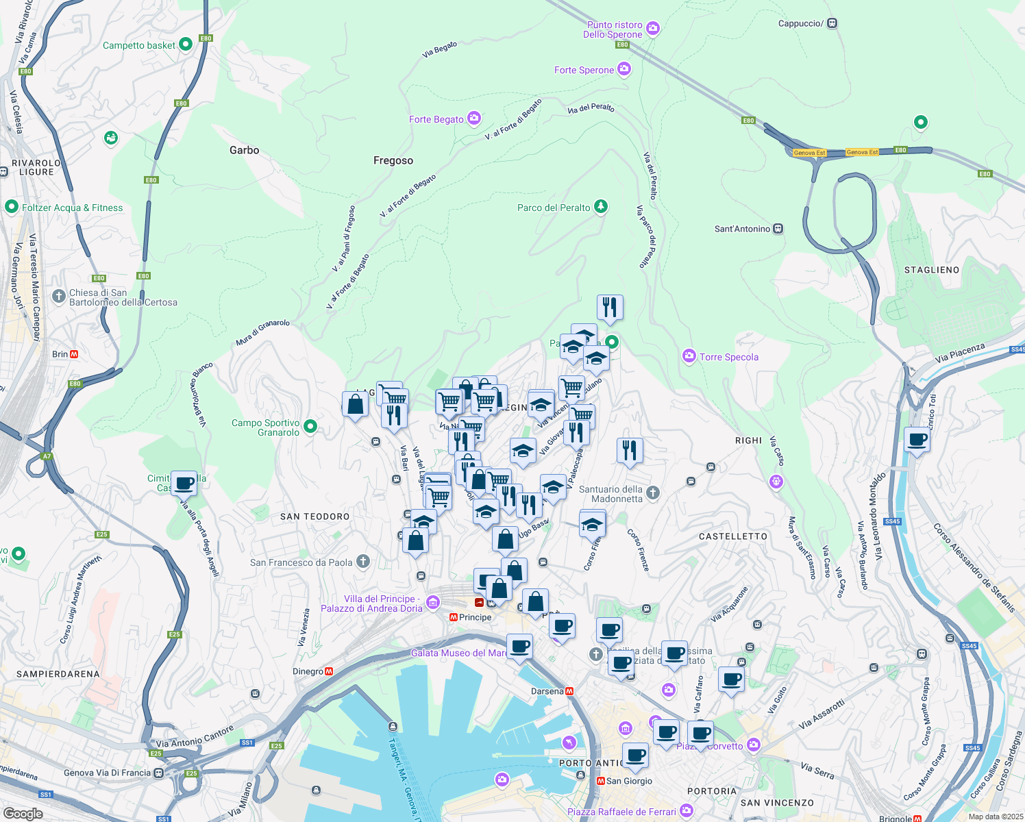 map of restaurants, bars, coffee shops, grocery stores, and more near 18 Via Capri in Genova