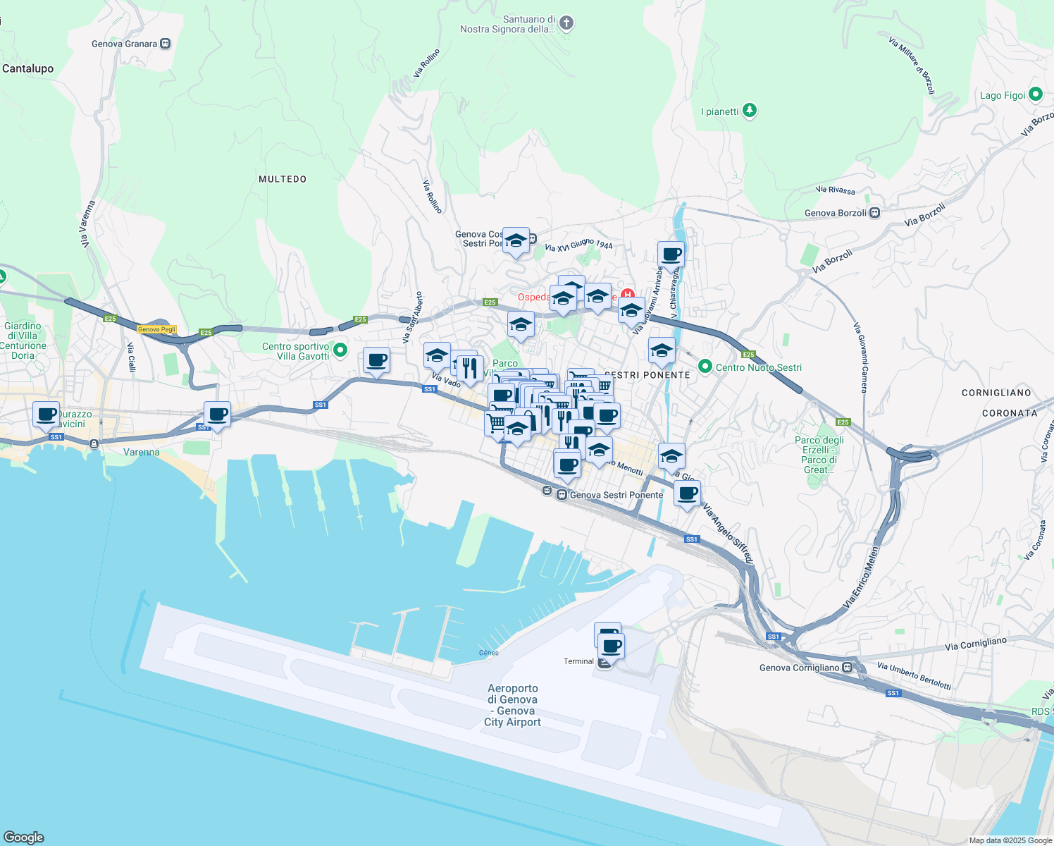map of restaurants, bars, coffee shops, grocery stores, and more near 62 Via Sestri in Genoa