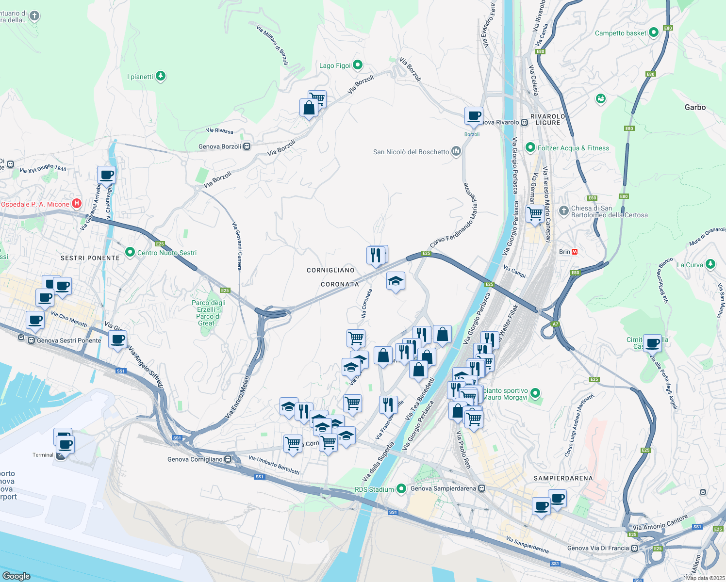 map of restaurants, bars, coffee shops, grocery stores, and more near 4A Via Ospedale di San Raffaele in Genova