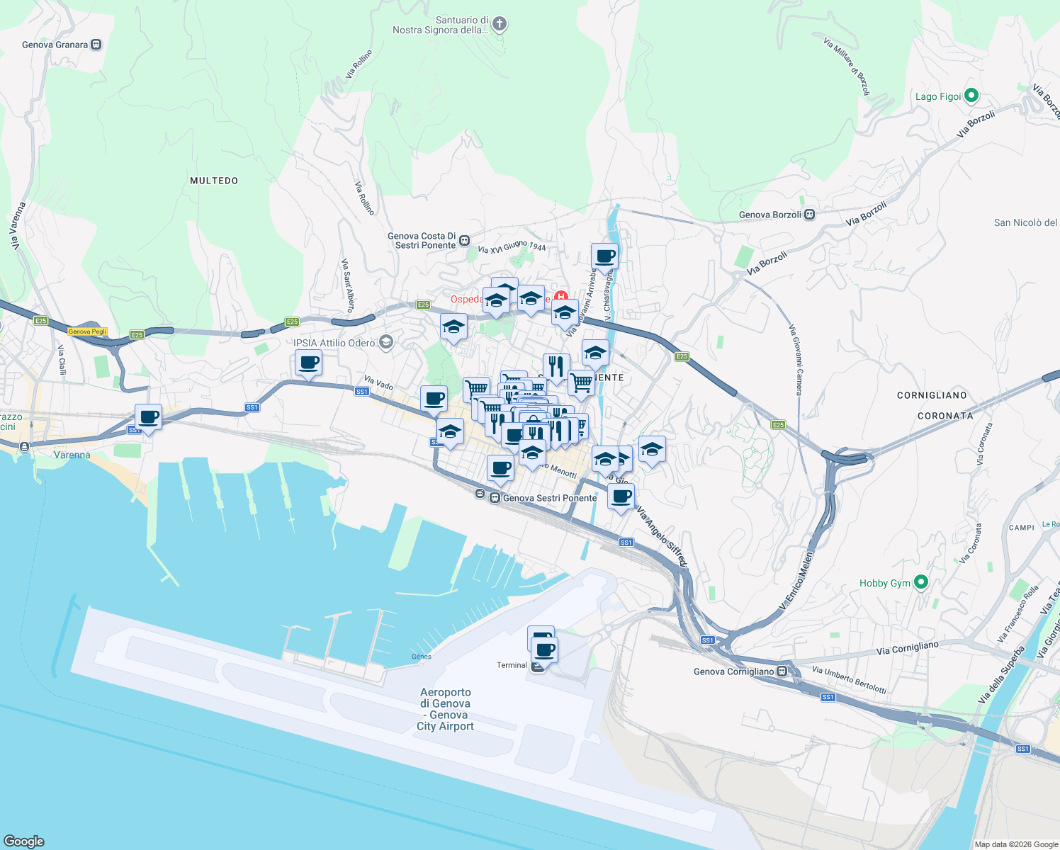 map of restaurants, bars, coffee shops, grocery stores, and more near Via Paglia in Genova