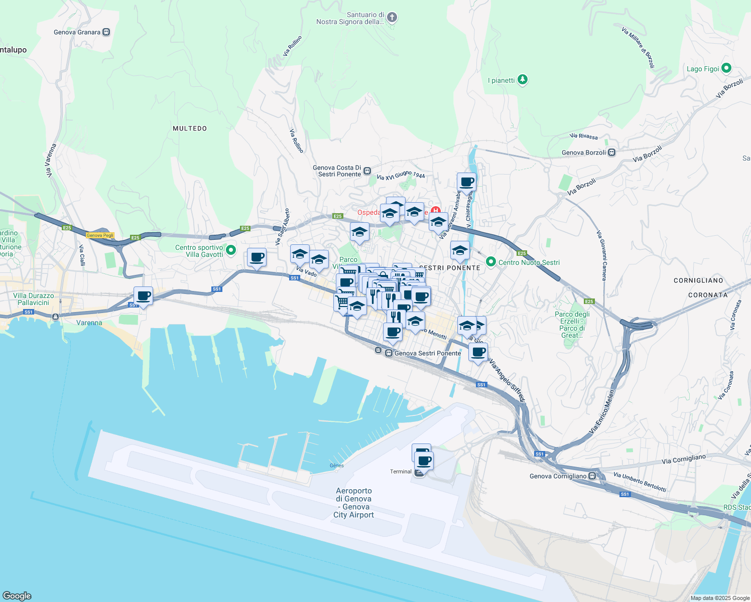 map of restaurants, bars, coffee shops, grocery stores, and more near 81 Via Alfredo D'Andrade in Genova