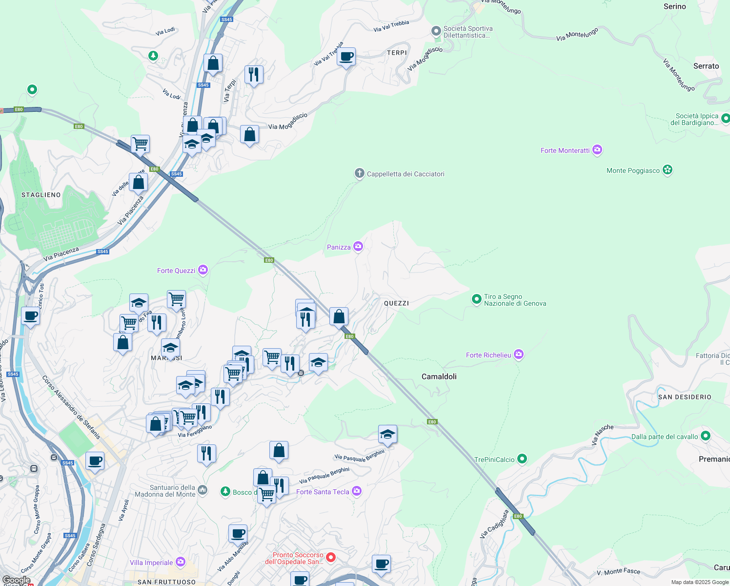map of restaurants, bars, coffee shops, grocery stores, and more near 15 Via Susanna Fontanarossa in Genova