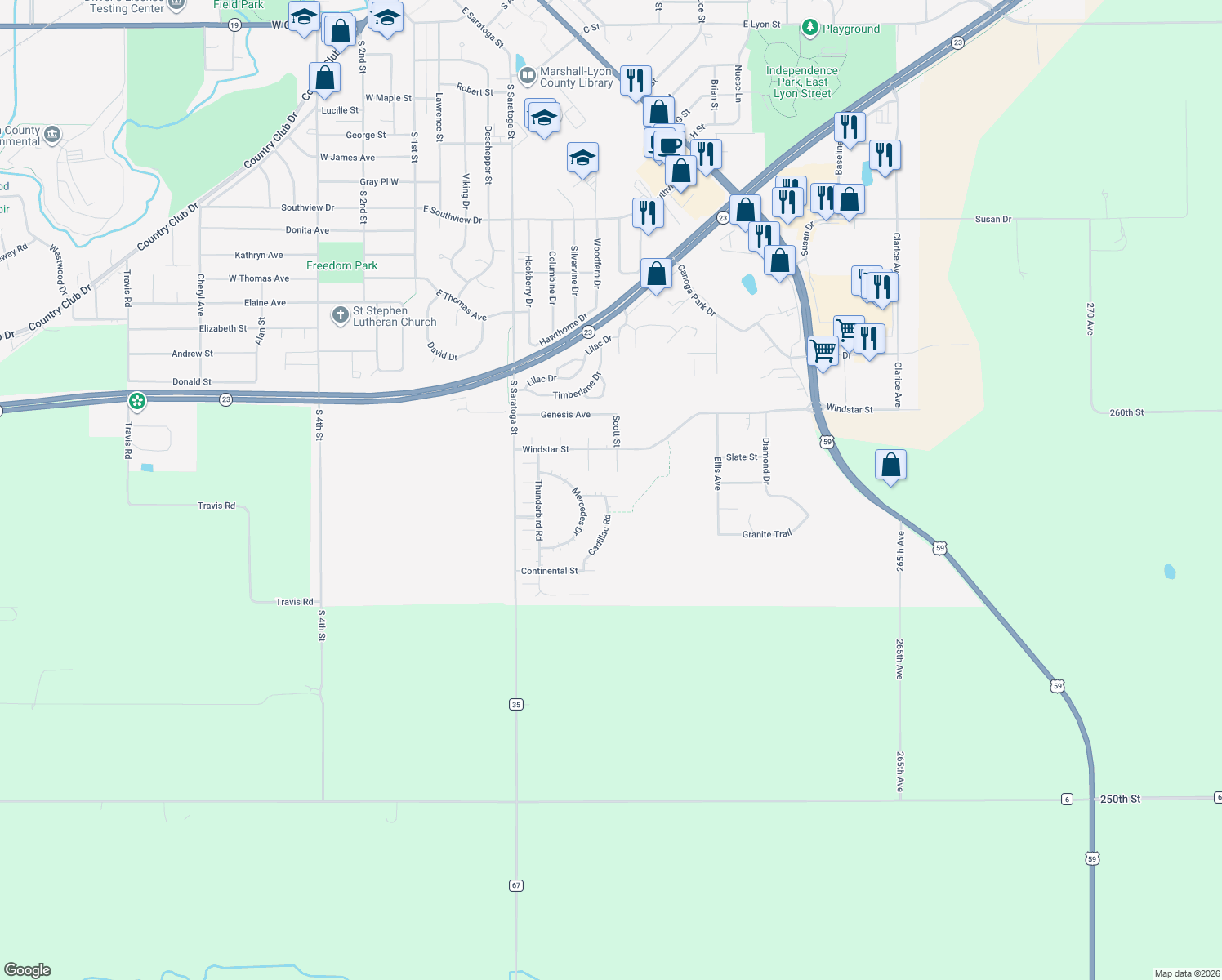 map of restaurants, bars, coffee shops, grocery stores, and more near 517 Viper Circle in Marshall