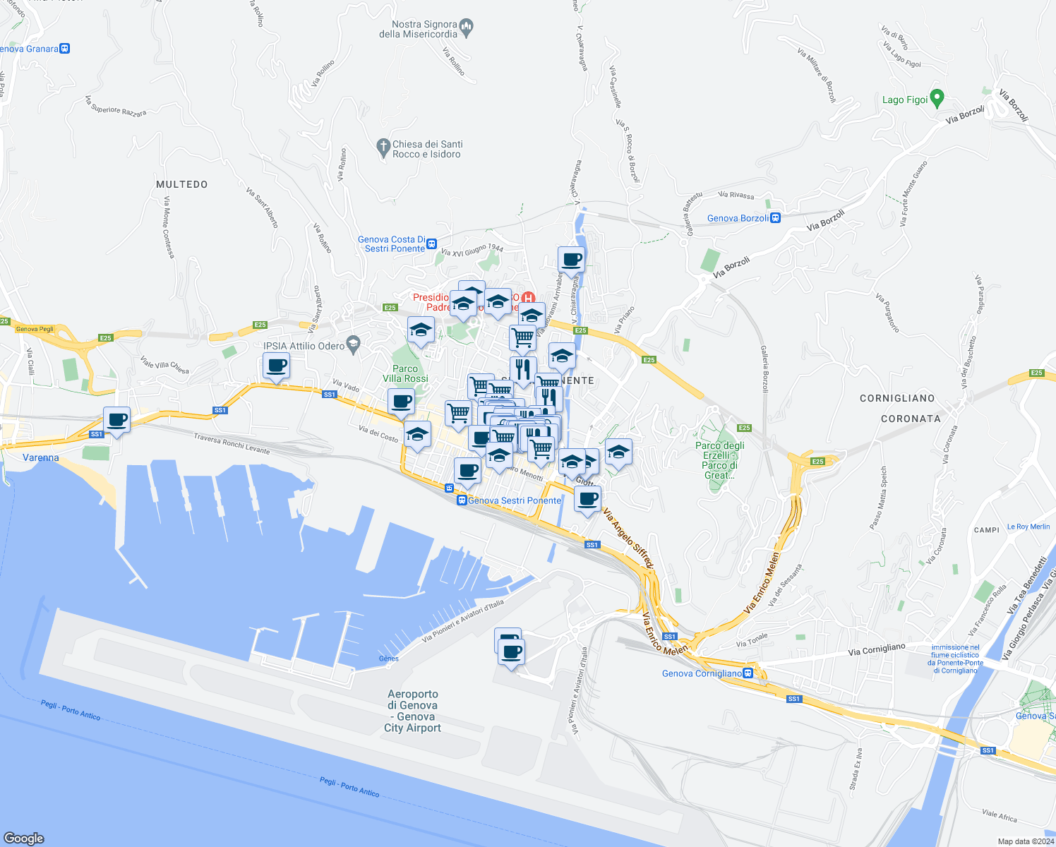 map of restaurants, bars, coffee shops, grocery stores, and more near 1 Via Girolamo di Santo Stefano in Genova