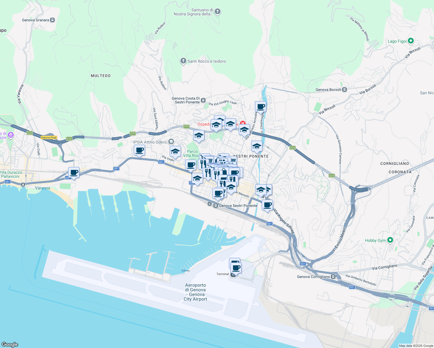 map of restaurants, bars, coffee shops, grocery stores, and more near 5 Via Chiappori in Genova