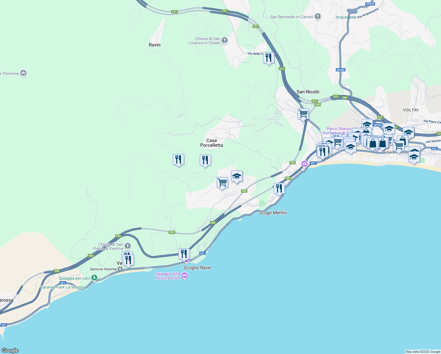 map of restaurants, bars, coffee shops, grocery stores, and more near 52A Via Campenave in Genova