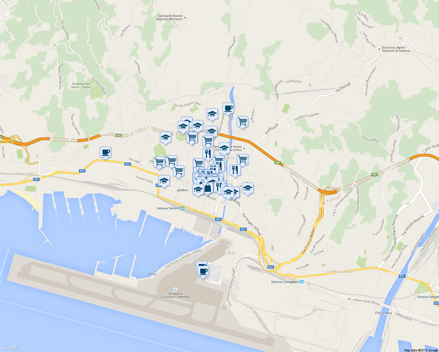 map of restaurants, bars, coffee shops, grocery stores, and more near 35 Via Chiaravagna in Genoa